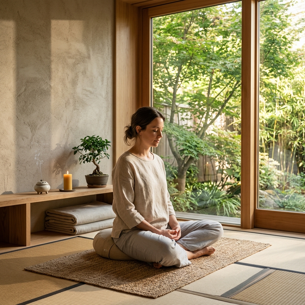 Photorealistic editorial photograph of a serene meditation space in soft morning sunlight