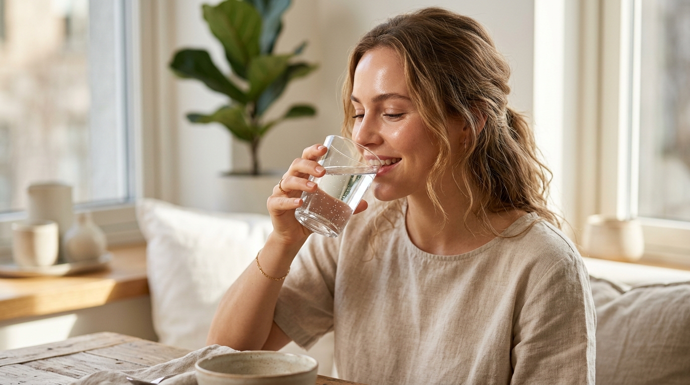 Photorealistic editorial photograph of a person with clear, glowing skin drinking fresh water from a glass tumbler in soft morning sunlight