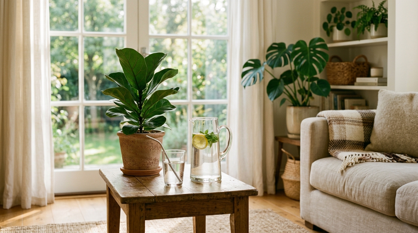 Photorealistic editorial photograph of a clean living space with green plants and a clear glass water pitcher in natural daylight