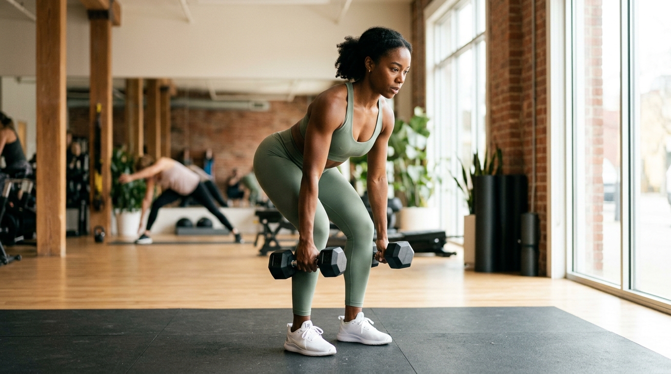 Photorealistic editorial photograph of an athletic woman in modern activewear exercising with dumbbells in a brightly lit fitness studio