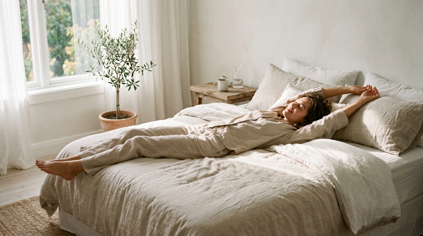 Photorealistic editorial photograph of a serene bedroom in warm morning sunlight with a person stretching gently in bed feeling refreshed