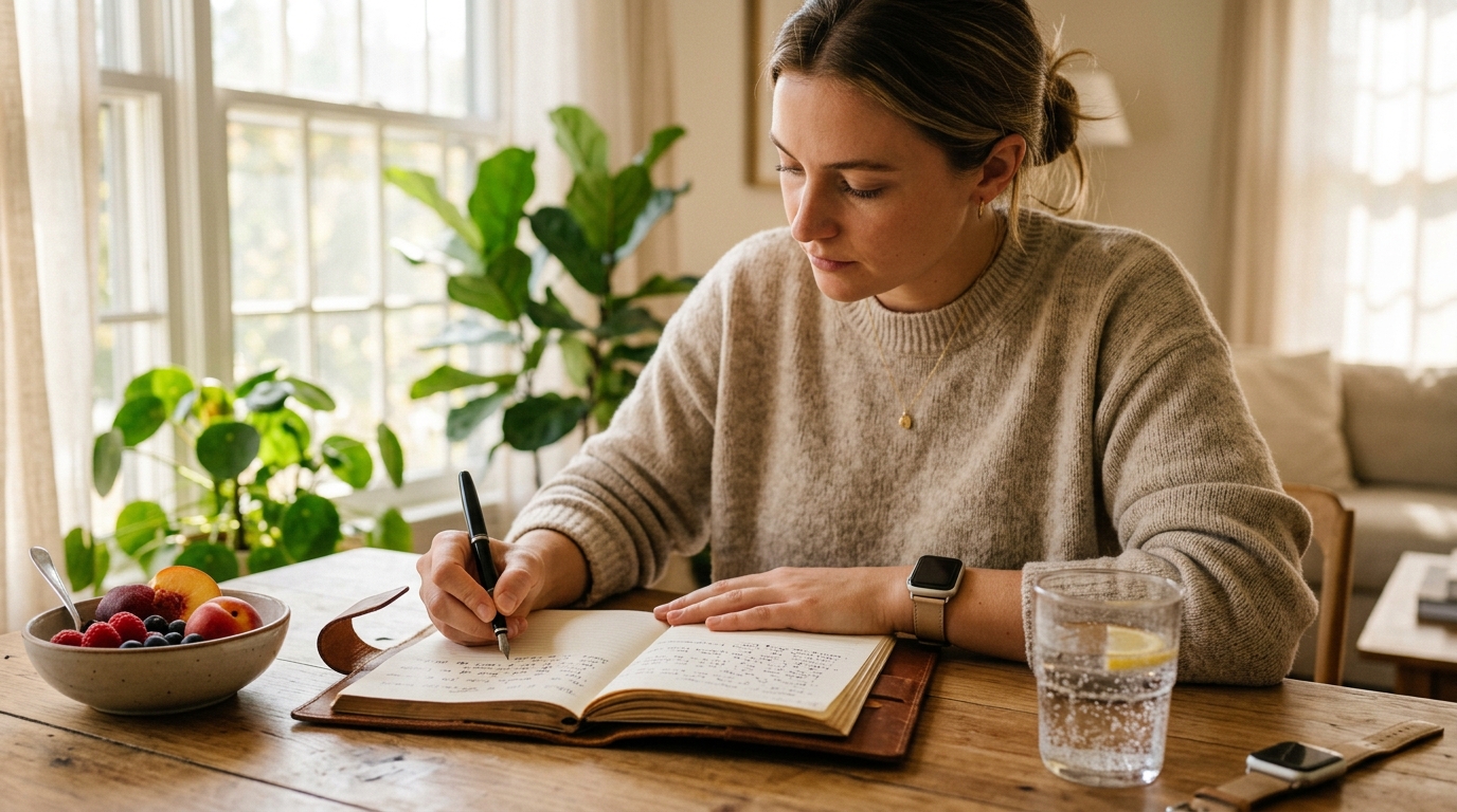 Photorealistic editorial photograph of a person writing in a leather journal on a sunlit wooden desk alongside fresh fruit and a smartwatch
