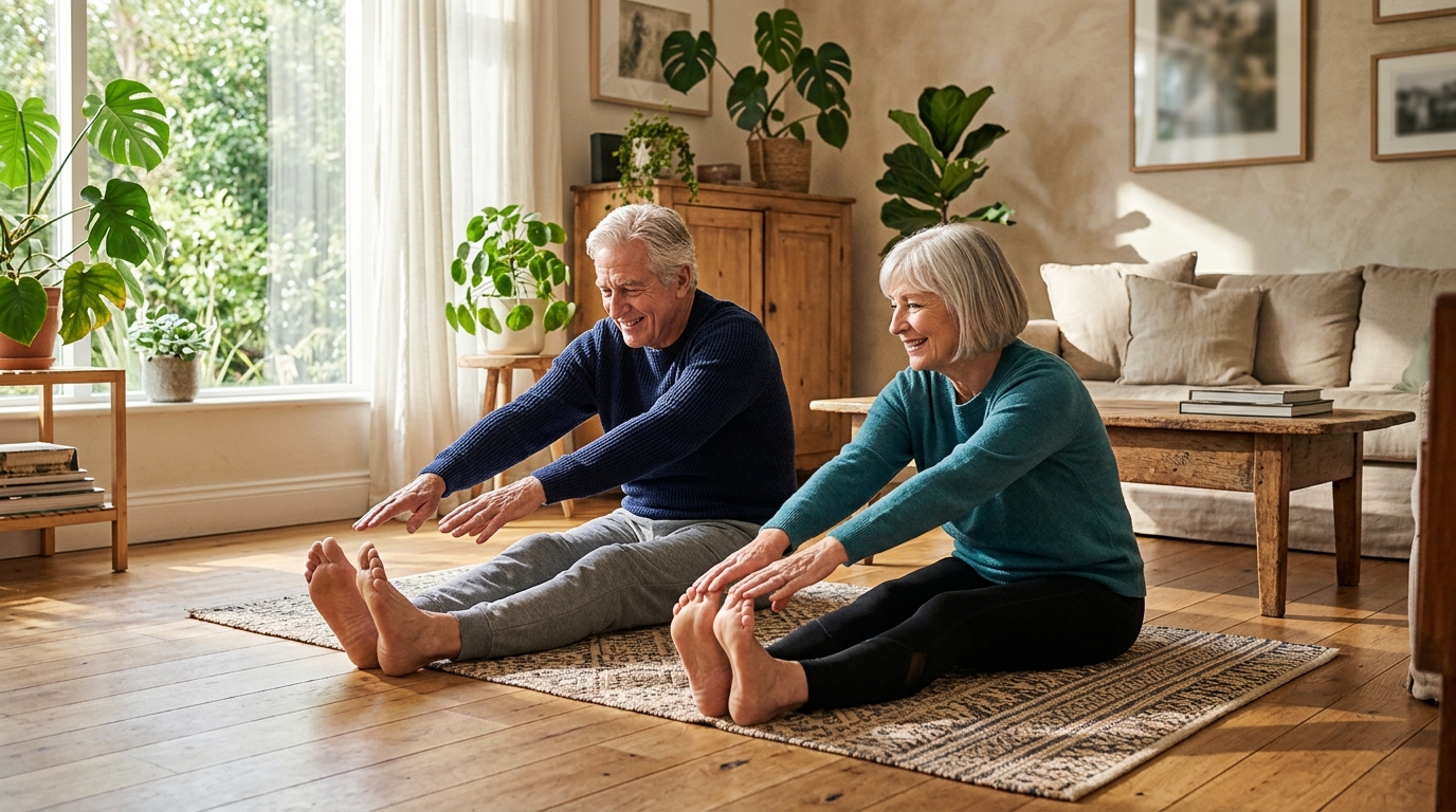 Photorealistic editorial photograph of an active senior couple gently stretching together in a bright sun-dappled living room