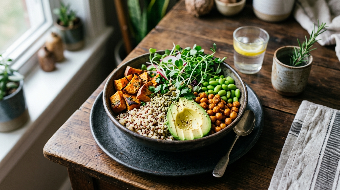 Photorealistic editorial photograph of a colorful plant-based Buddha bowl filled with roasted sweet potatoes, quinoa, avocado, and chickpeas