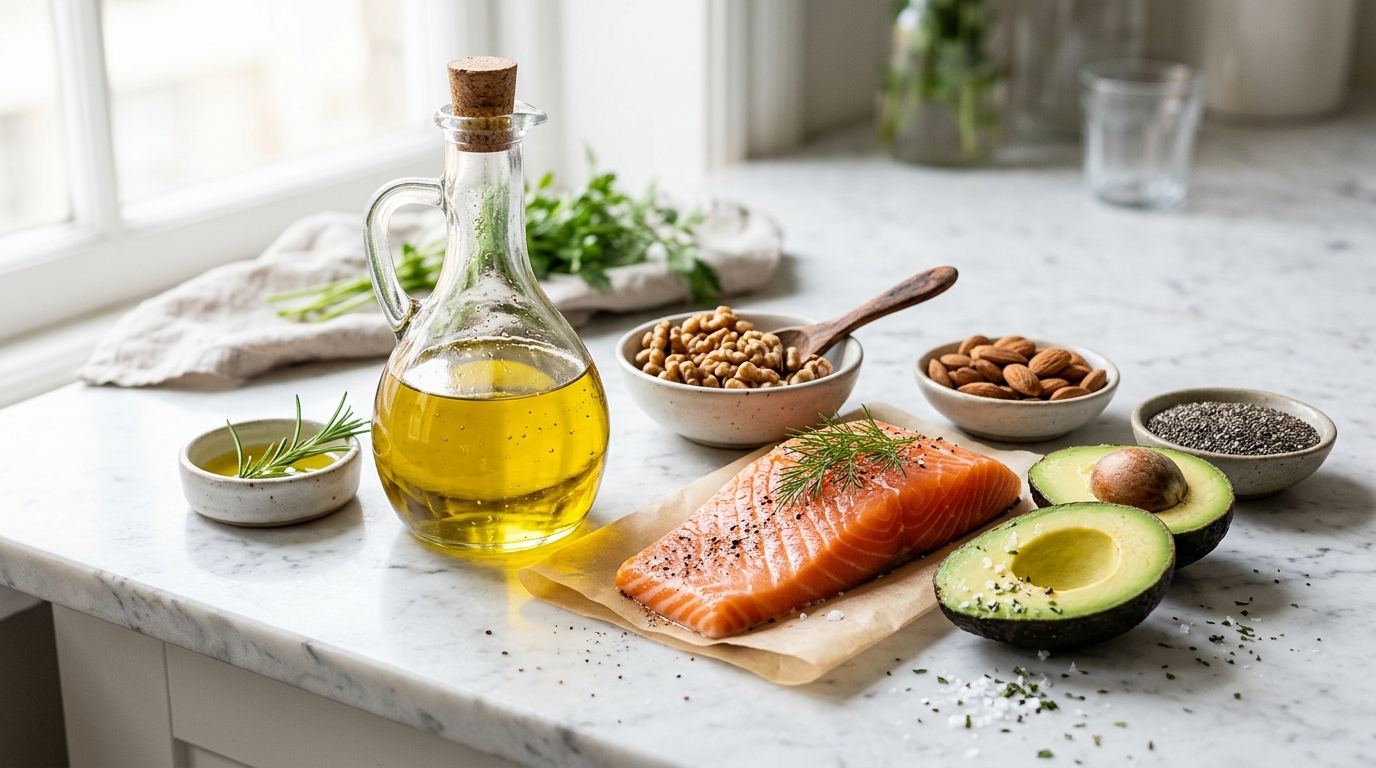 Photorealistic editorial photograph of healthy dietary fats including extra virgin olive oil, sliced avocados, walnuts, almonds, and fresh salmon