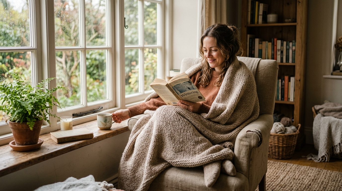 Photorealistic editorial photograph of a woman wrapped in a soft blanket reading a book in an armchair by a sunlit window with a warm mug