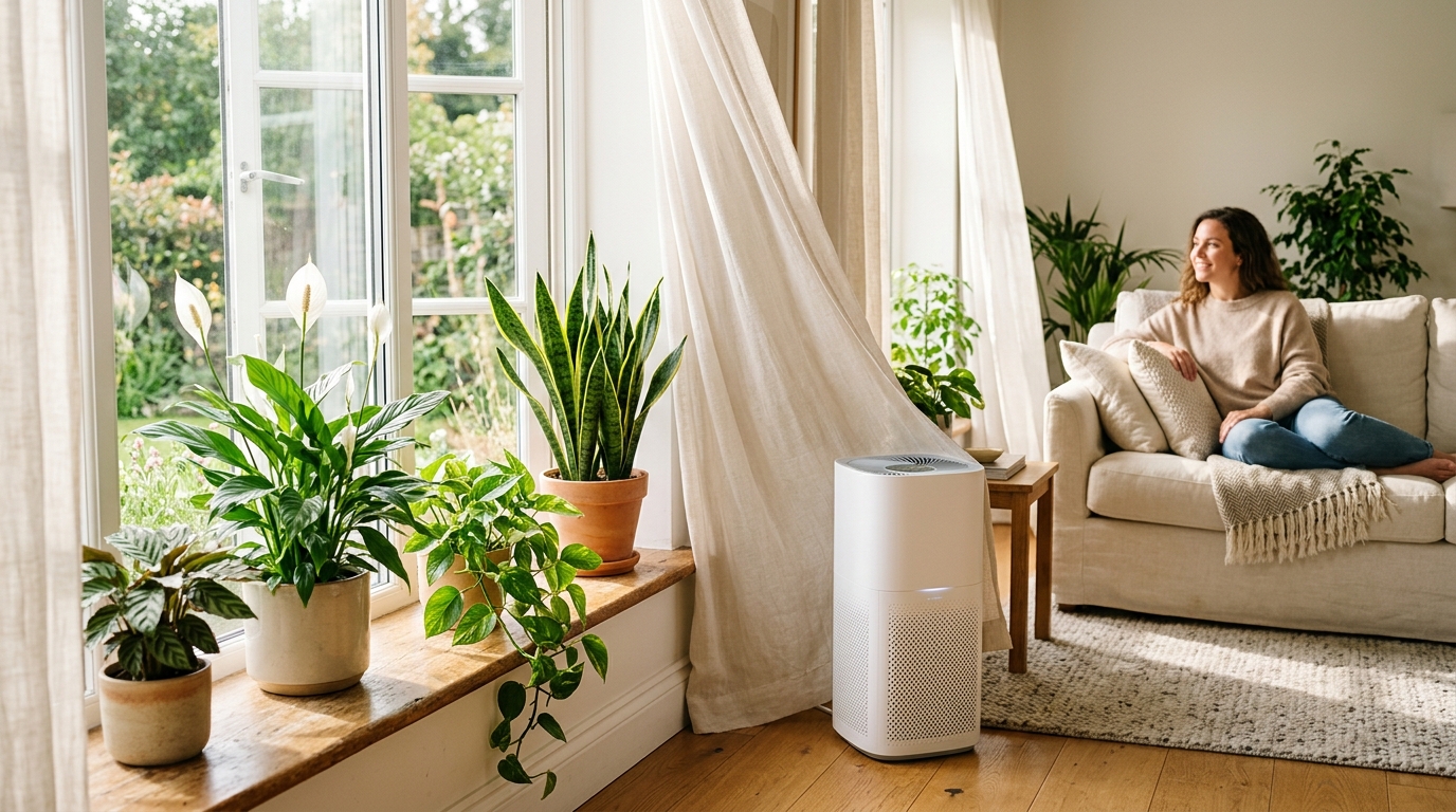 Photorealistic editorial photograph of a bright living room with potted houseplants, an air purifier, and soft curtains by an open window