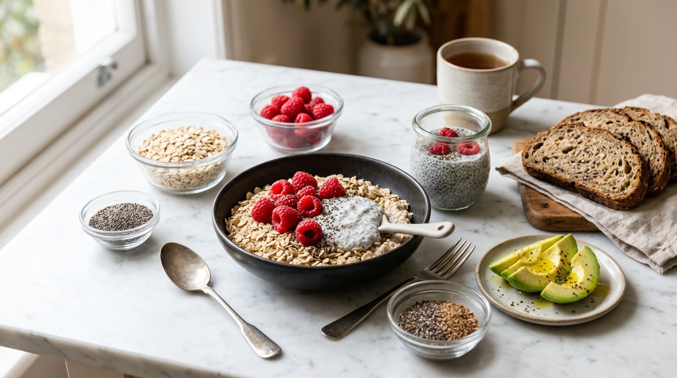 Photorealistic editorial photograph of high-fiber foods including oats, raspberries, chia pudding, chia seeds, avocado, and whole grain bread