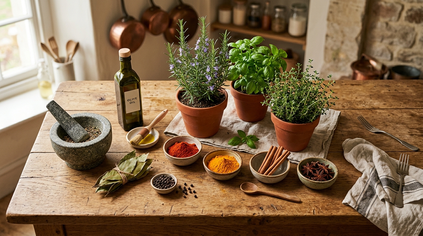 Photorealistic editorial flatlay photograph of fresh potted herbs, bowls of spices, cinnamon, star anise, and mortar and pestle on a wooden kitchen island