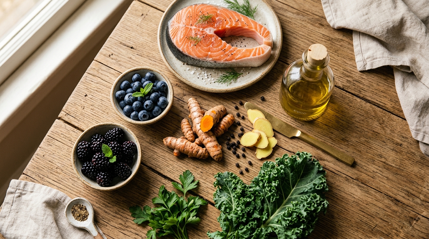 Photorealistic editorial flatlay photograph of wild salmon, blueberries, blackberries, turmeric root, ginger, olive oil, and kale on a wooden table
