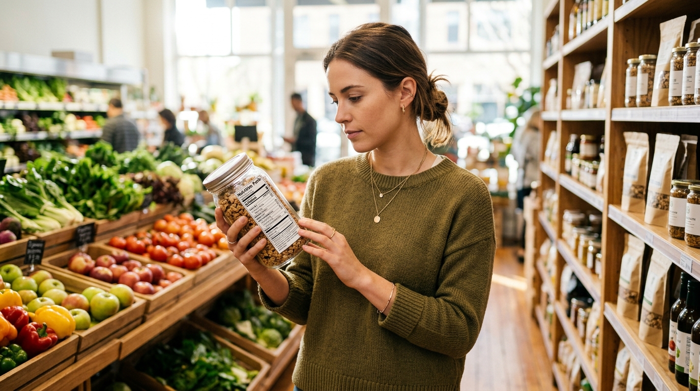 Photorealistic editorial photograph of a shopper inspecting a nutrition fact label on a glass jar in a sunlit organic grocery store aisle