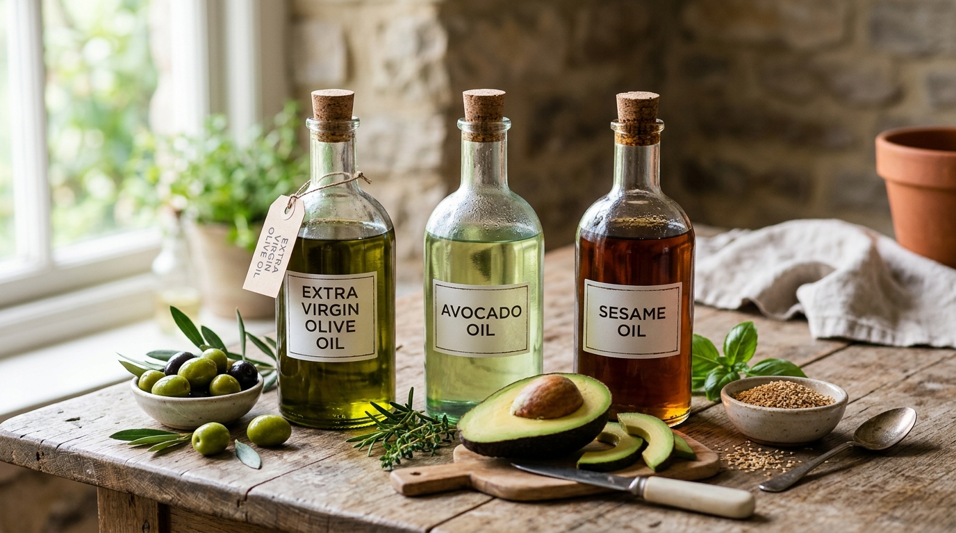 Photorealistic editorial photograph representing How to Choose the Right Cooking Oils for Your Health