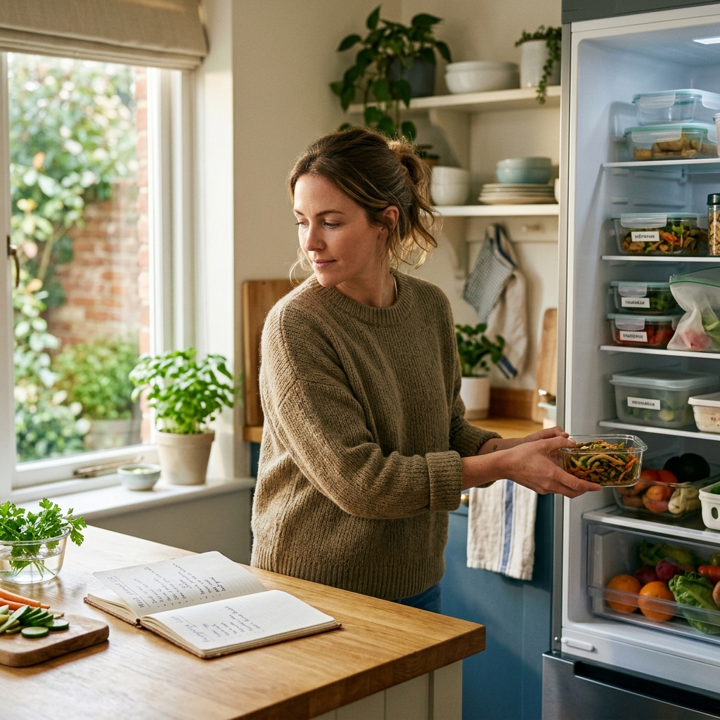 Photorealistic editorial photograph representing Simple Strategies for Reducing Food Waste