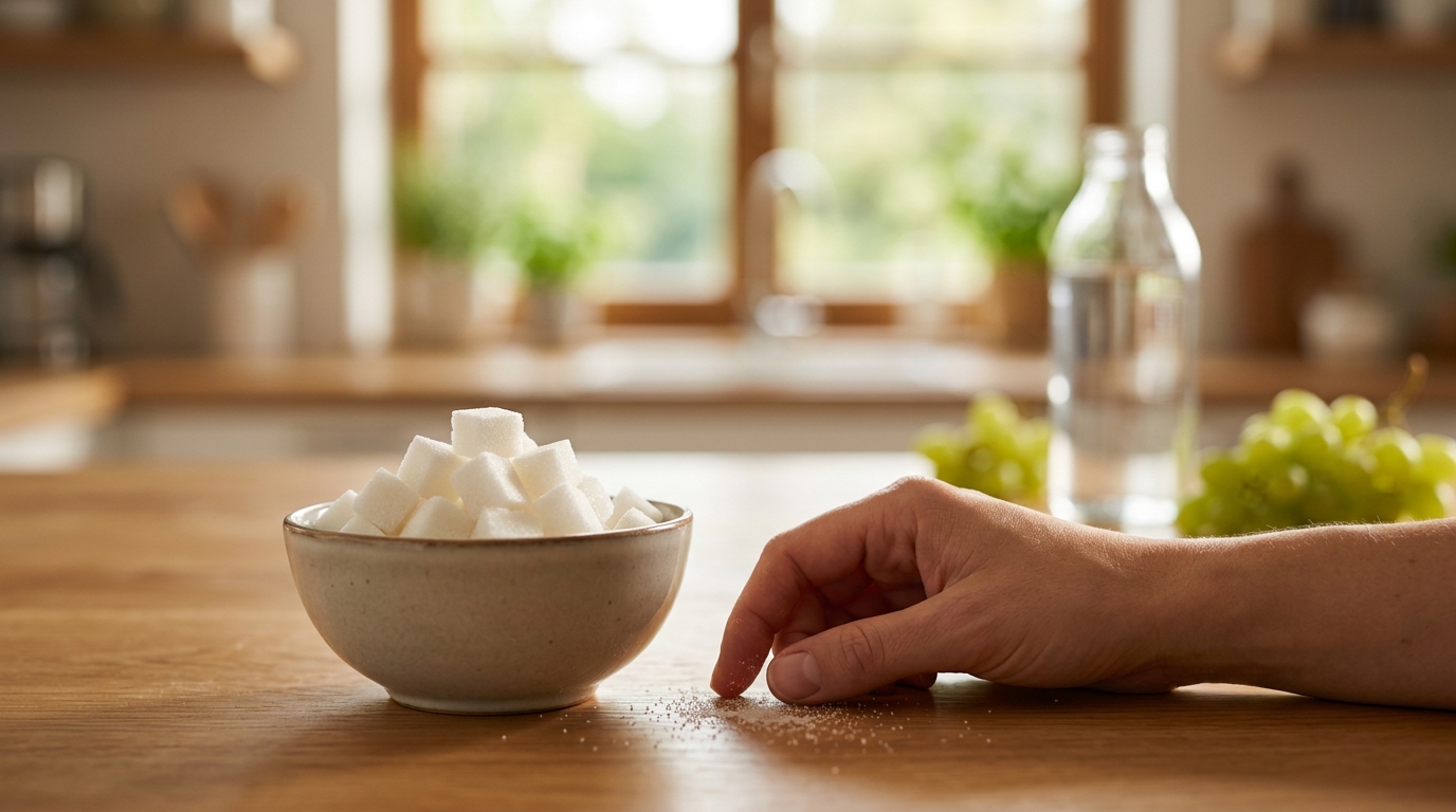 Photorealistic editorial photograph representing The Truth About Sugar: How It Really Affects Your Body