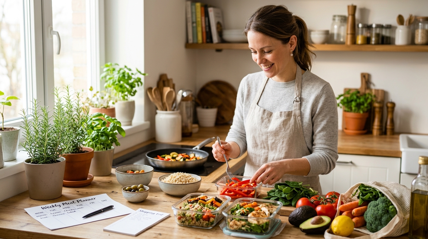 Photorealistic editorial photograph representing Simple Strategies for Meal Planning and Prep