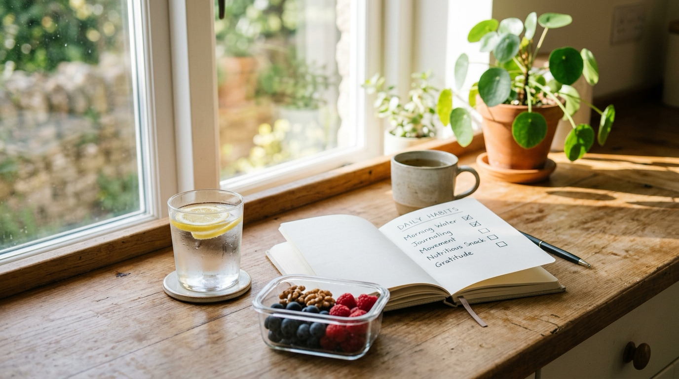 Photorealistic editorial photograph representing How to Build Healthy Habits That Stick