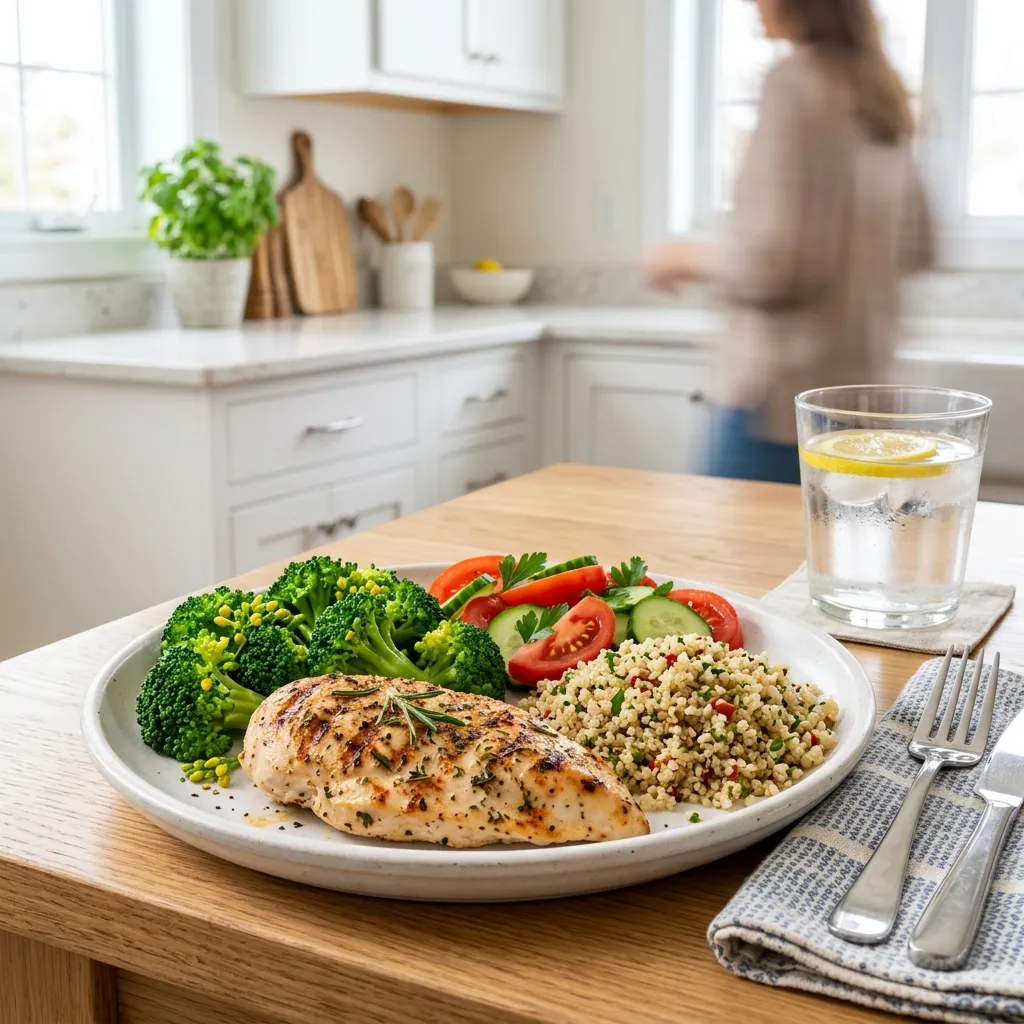 DASH diet plate with grilled chicken, broccoli, quinoa, and fresh vegetables