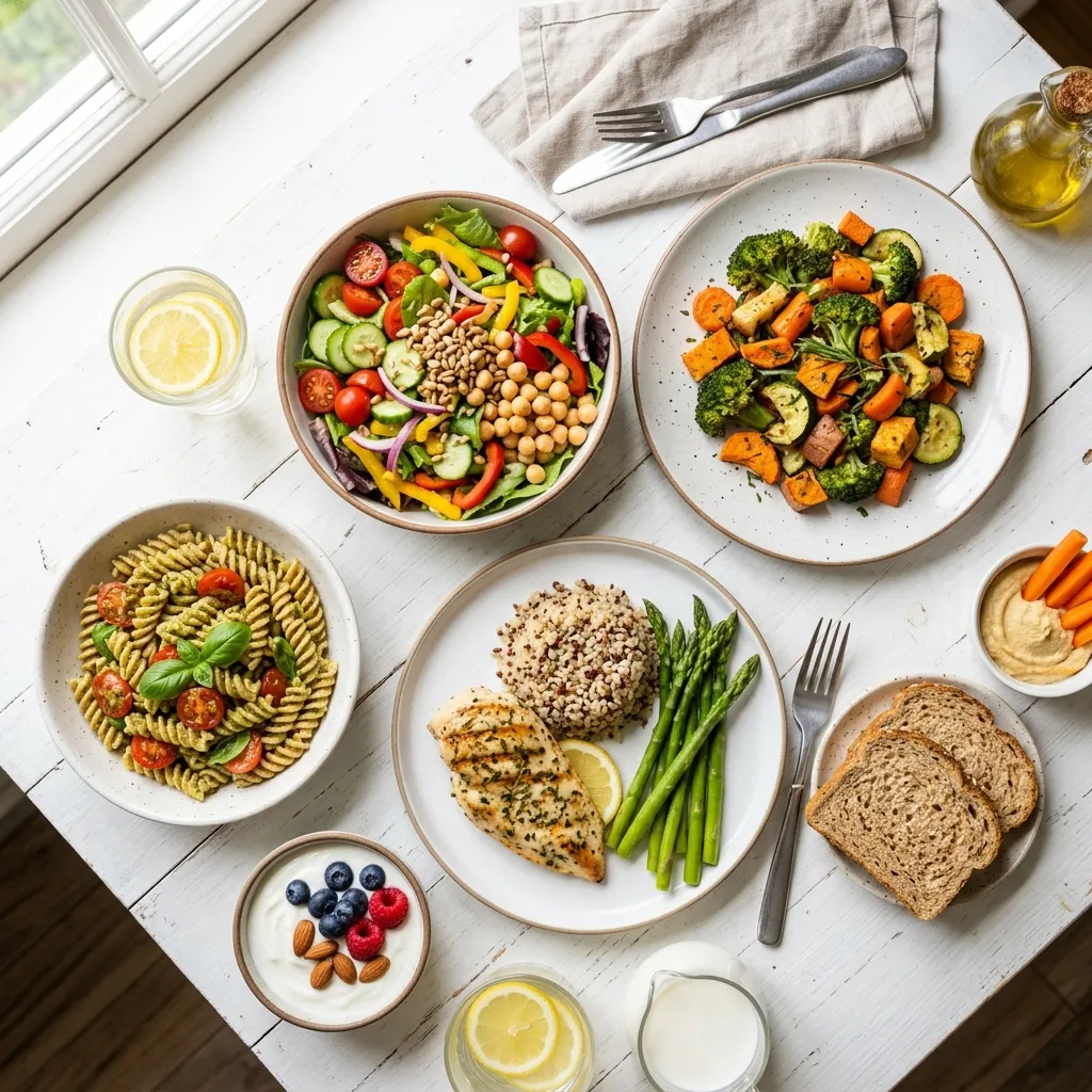 A DASH diet meal spread with colorful vegetables, whole grains, and lean proteins