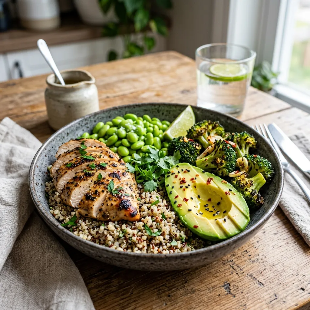 Colorful healthy food bowl with fresh vegetables, grains, and protein