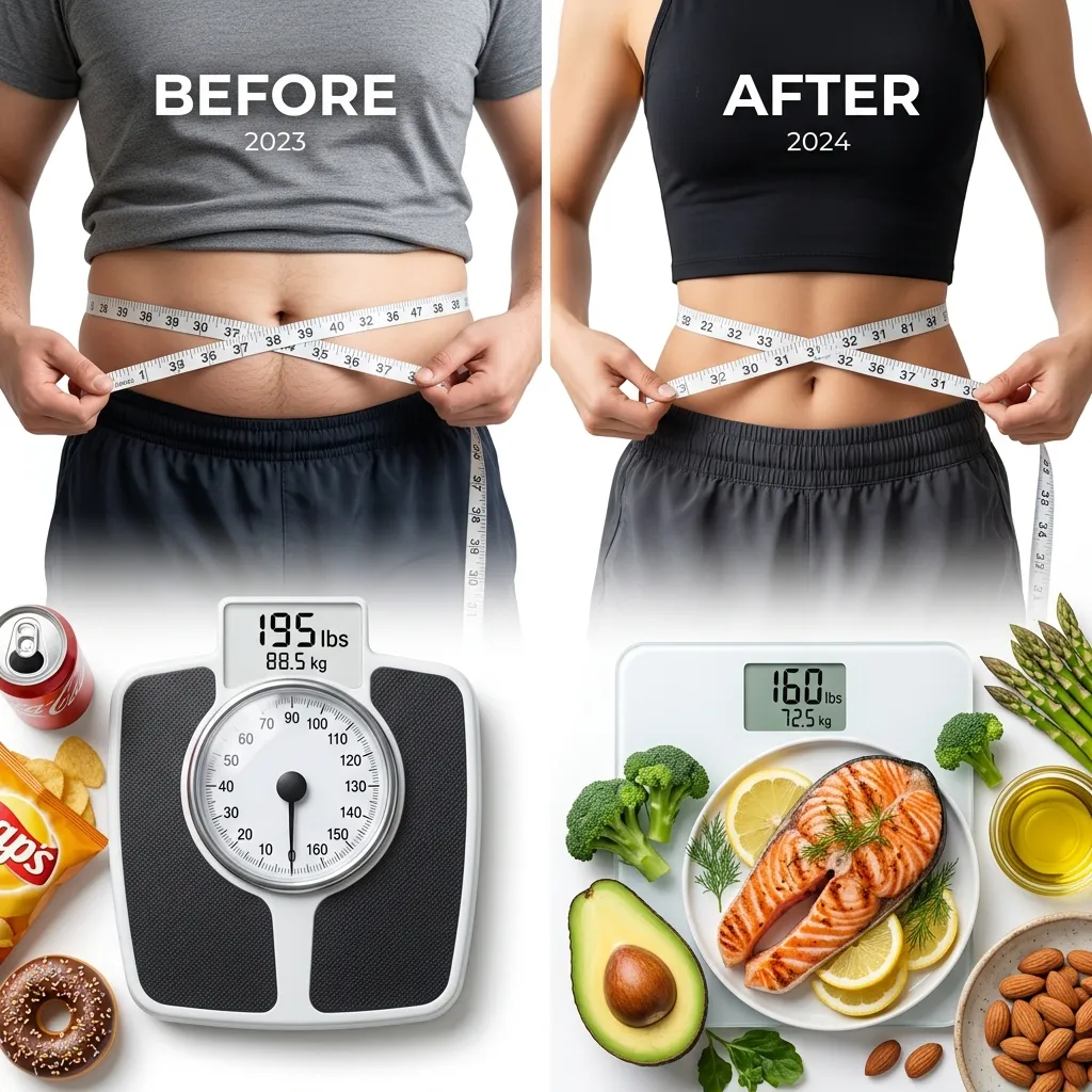 Keto weight loss tools including a scale, measuring tape, and keto-friendly foods