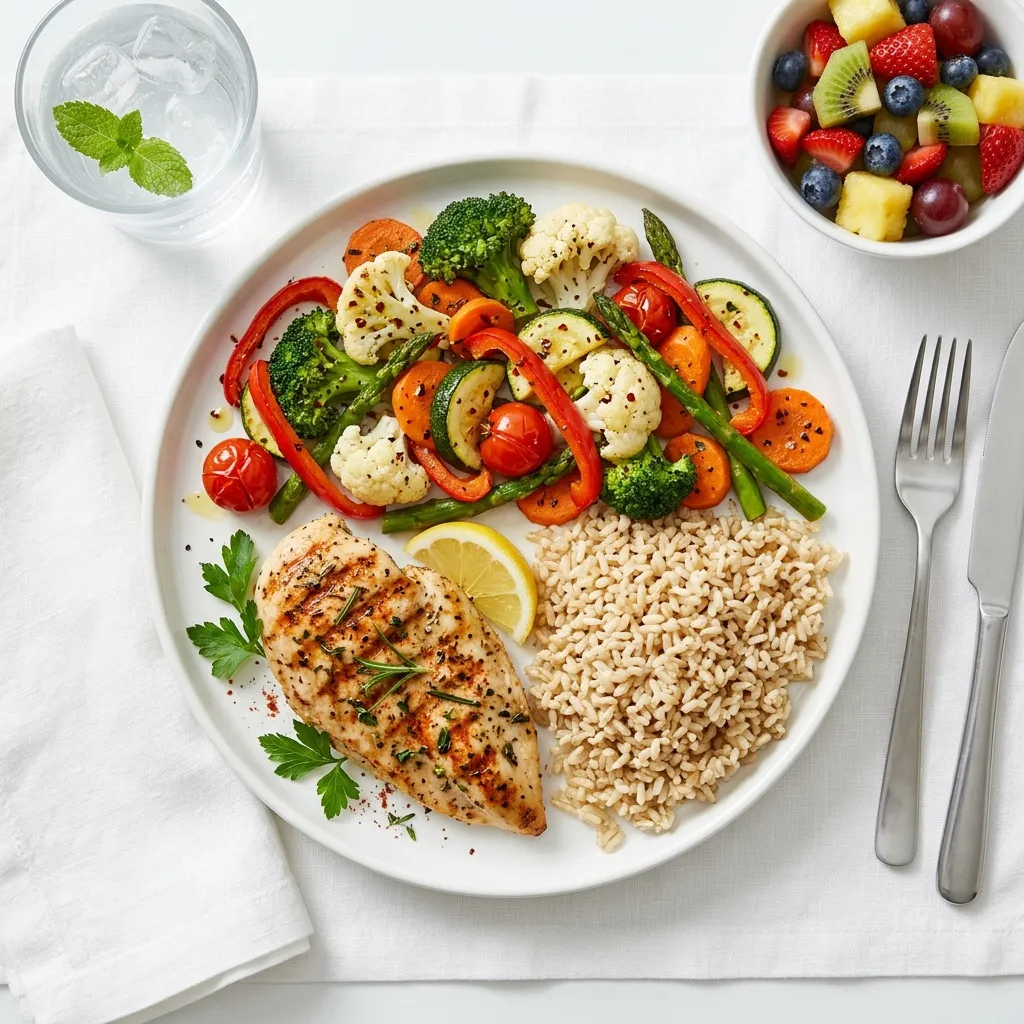 A balanced dinner plate showing proportionate servings of vegetables, protein, and whole grains