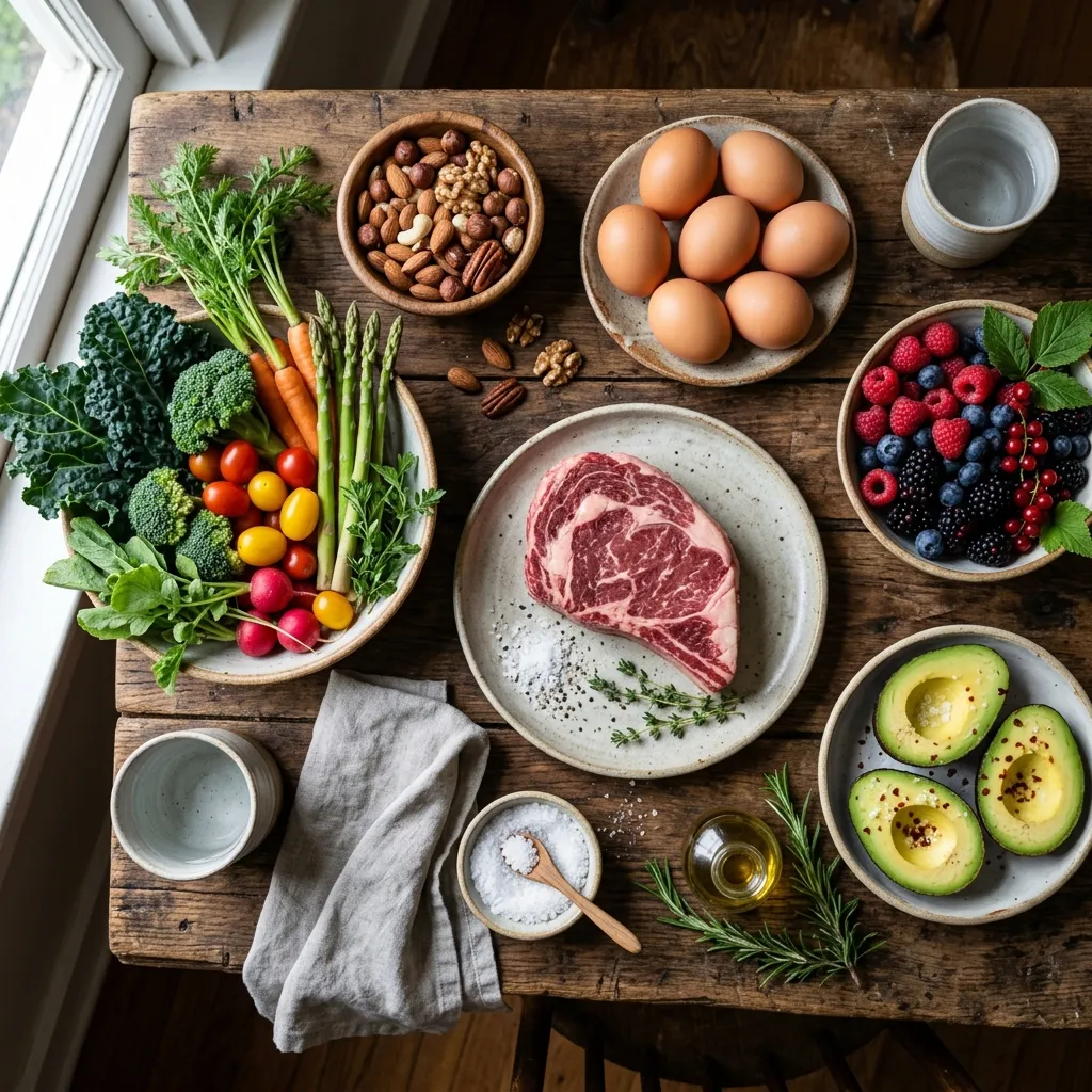 Paleo diet foods including meat, vegetables, nuts, berries, and eggs on a rustic table