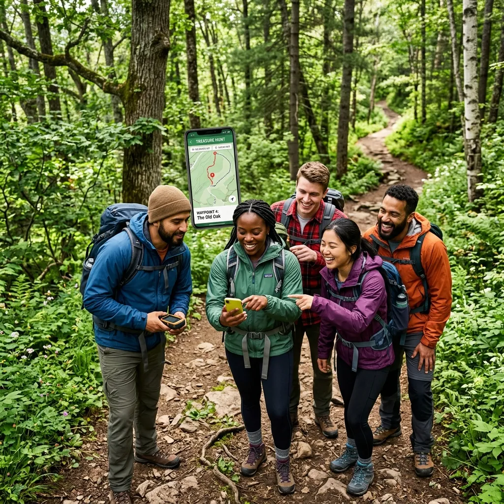 People enjoying geocaching on a sunny nature trail.