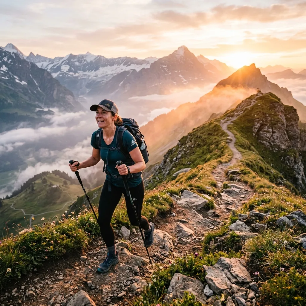 Person hiking on a beautiful mountain trail at sunrise.