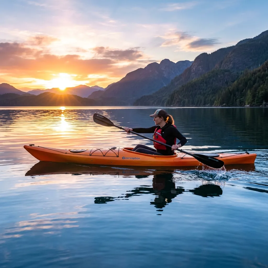 Person paddling a kayak on clear blue water during a peaceful outdoor adventure.