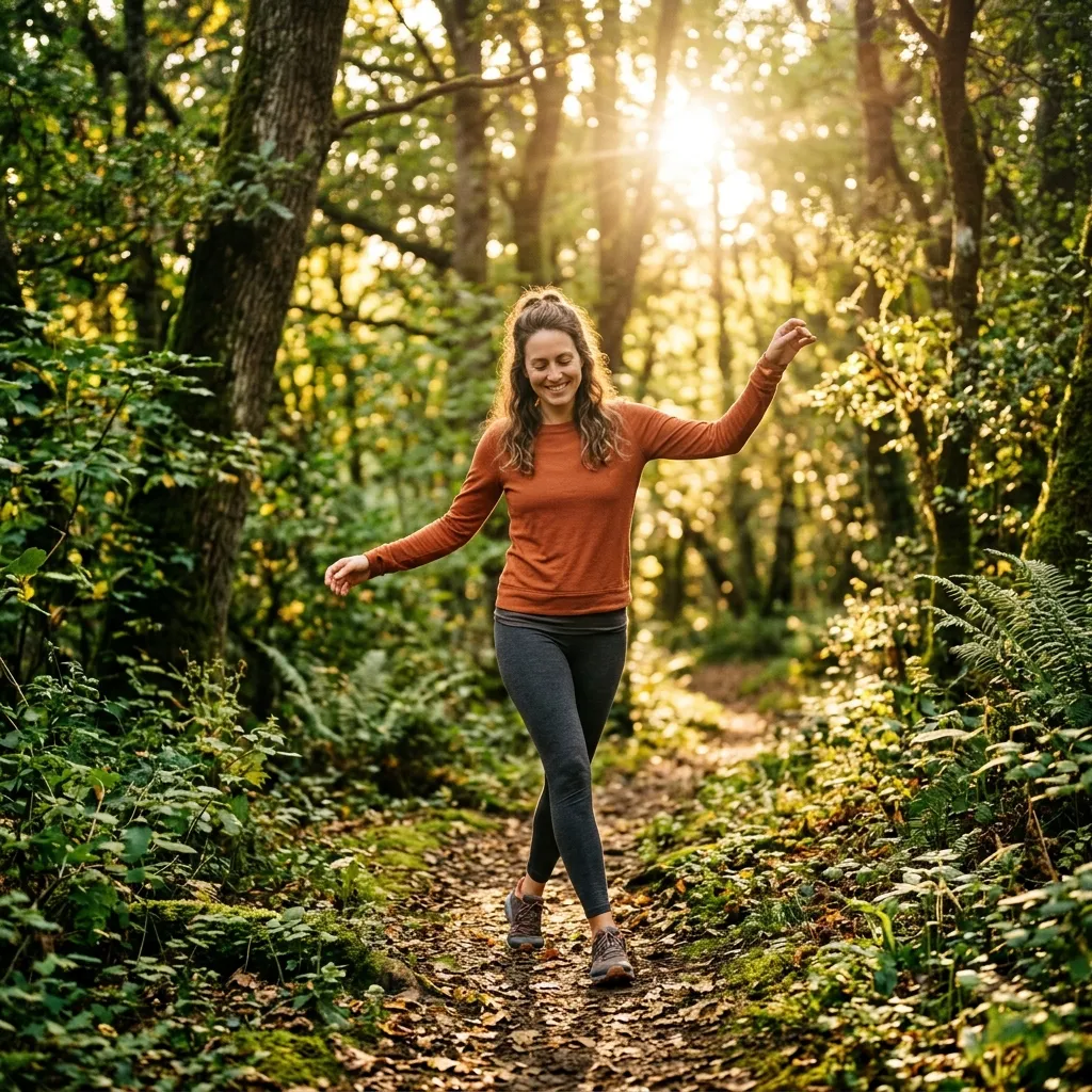 Person practicing mindful movement on a nature trail at sunset.