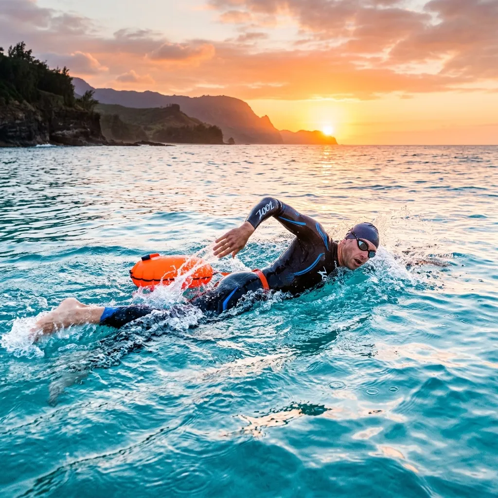 Person swimming in open water during a beautiful sunrise, demonstrating physical activity and connection with nature.