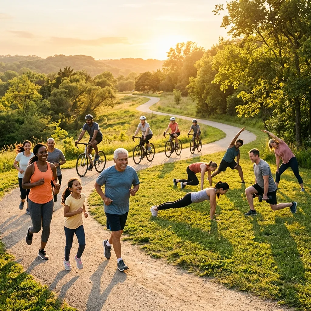 People engaging in varied physical activity at an urban park or natural trail.