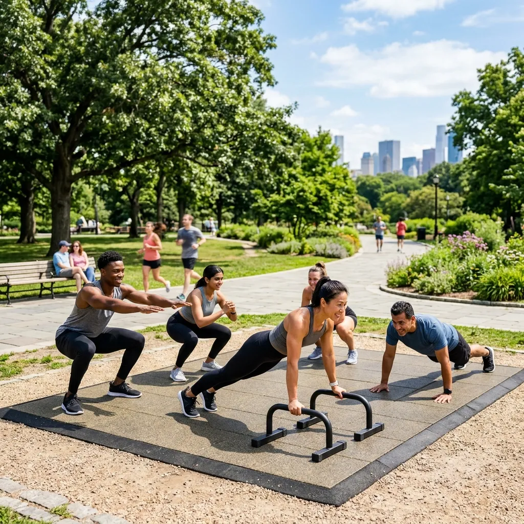 People exercising outdoors in a city park using public space equipment.