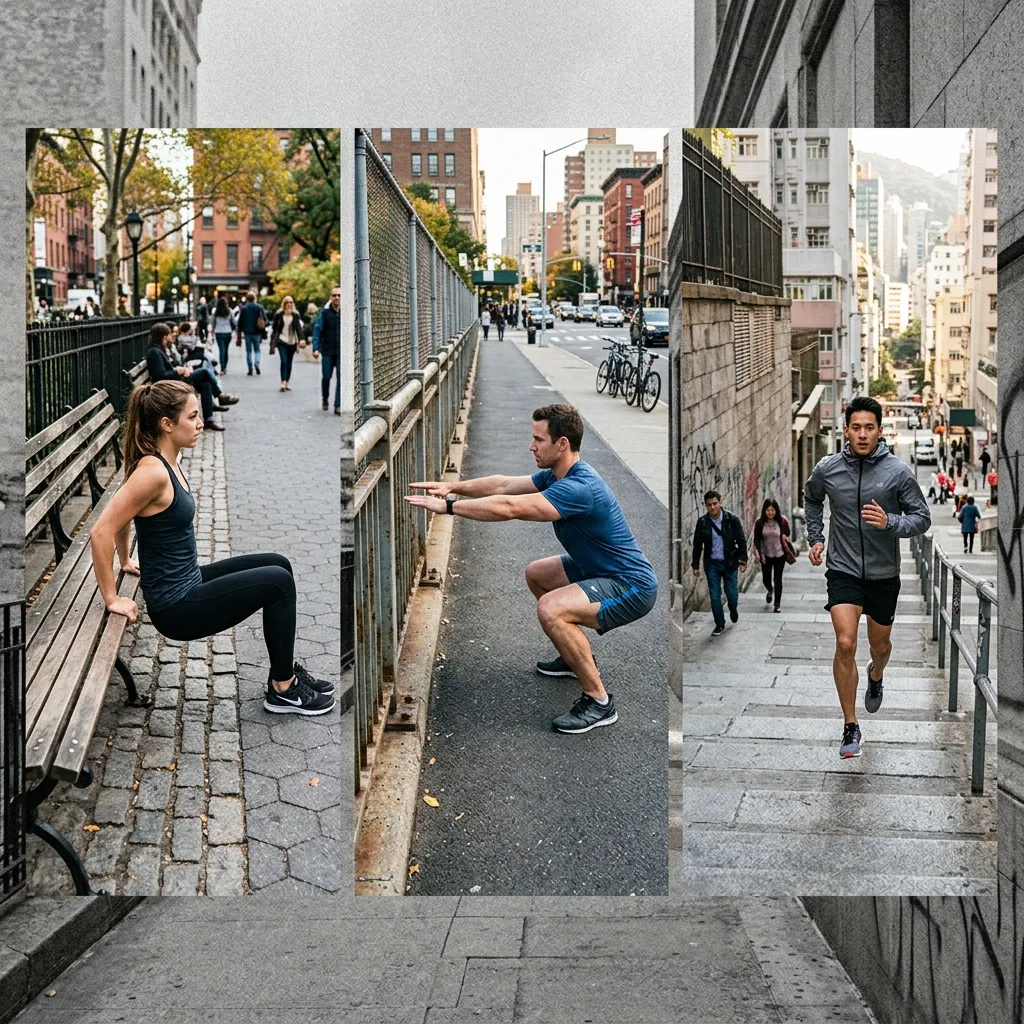 Collage of bodyweight exercises in an urban setting
