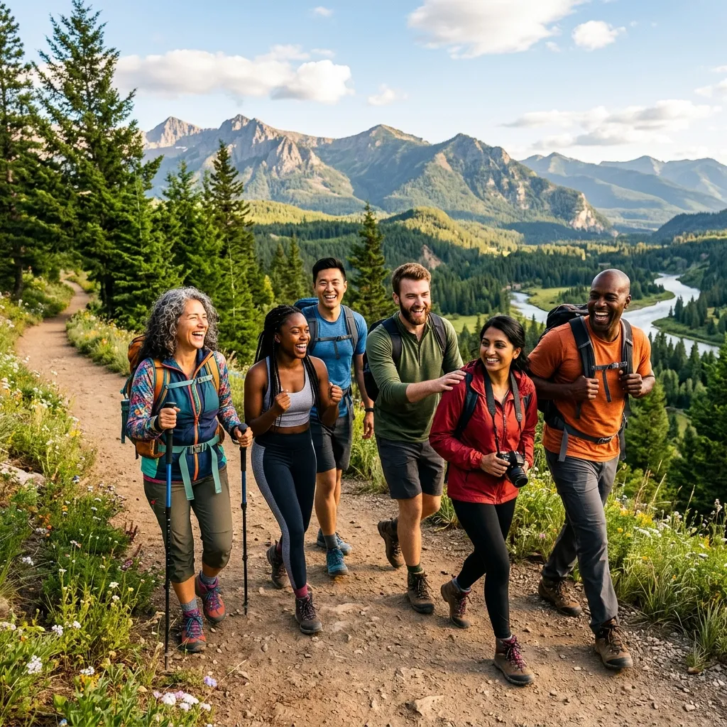People exercising together outdoors on a scenic nature trail.