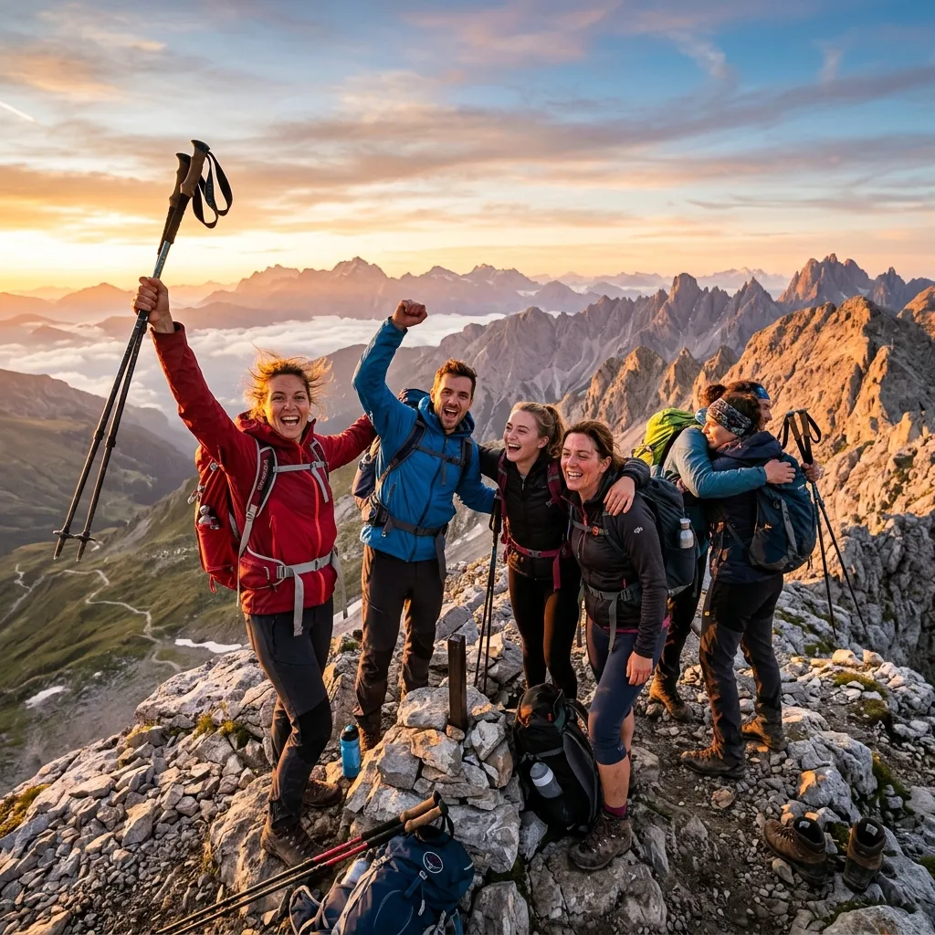 Hikers celebrating success on a mountain trail at dawn.