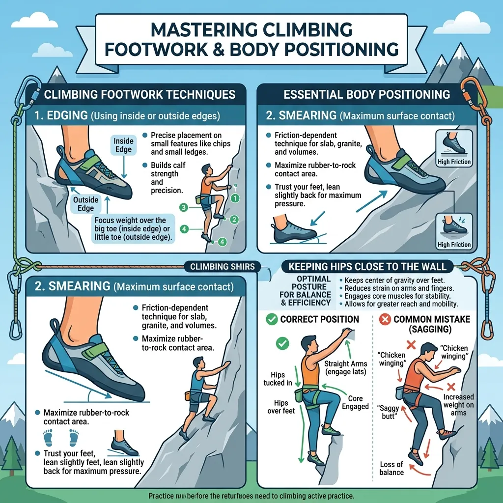 Mastering Climbing Footwork and Body Positioning Infographic