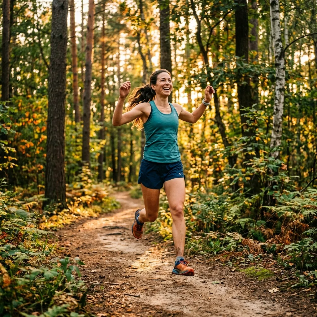 Person running on a scenic woodland trail at sunset.