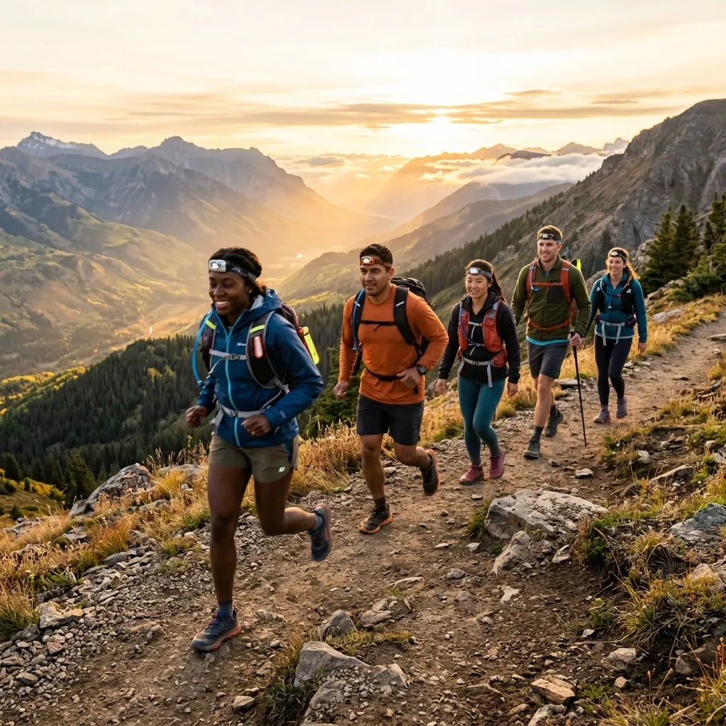 People enjoying safe outdoor fitness activities on a mountain trail.
