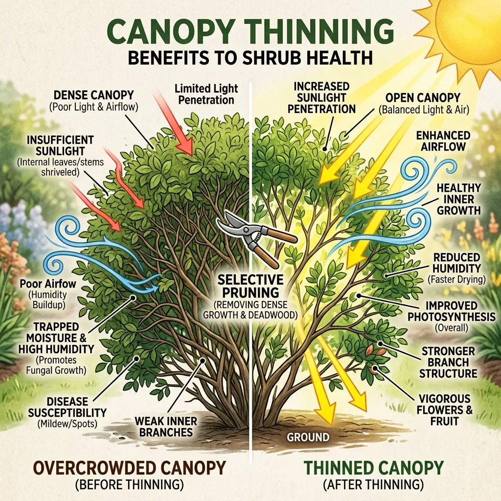 Concept of canopy thinning illustrating benefits of air circulation and sunlight penetration