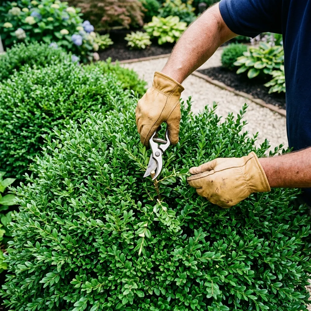 Gardener pruning healthy foliage with specialized tools.