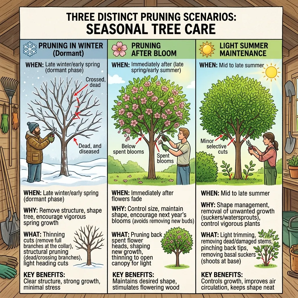 Three distinct seasonal pruning scenarios: winter dormant pruning, pruning after bloom, and light summer maintenance