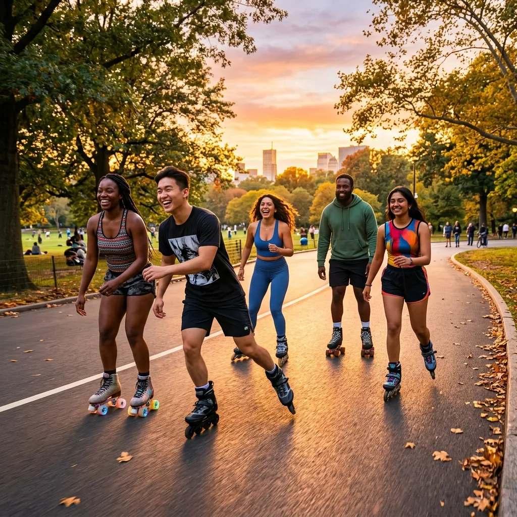 People enjoying outdoor skating and rollerblading on a paved trail.