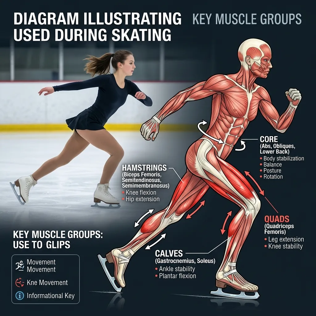 Anatomical diagram showing the key muscle groups used during skating: quadriceps, hamstrings, calves, and core