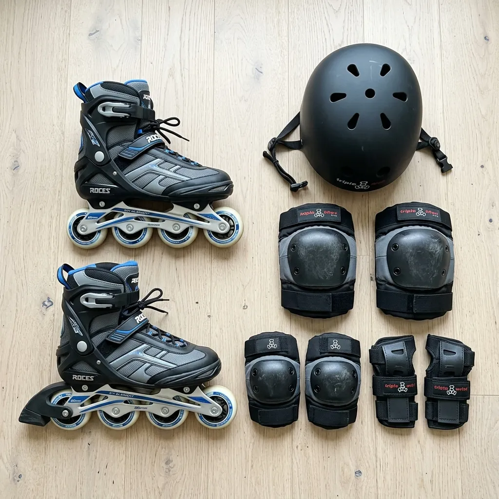 Flat lay displaying protective gear: helmet, knee pads, elbow pads, and wrist guards beside a pair of inline skates