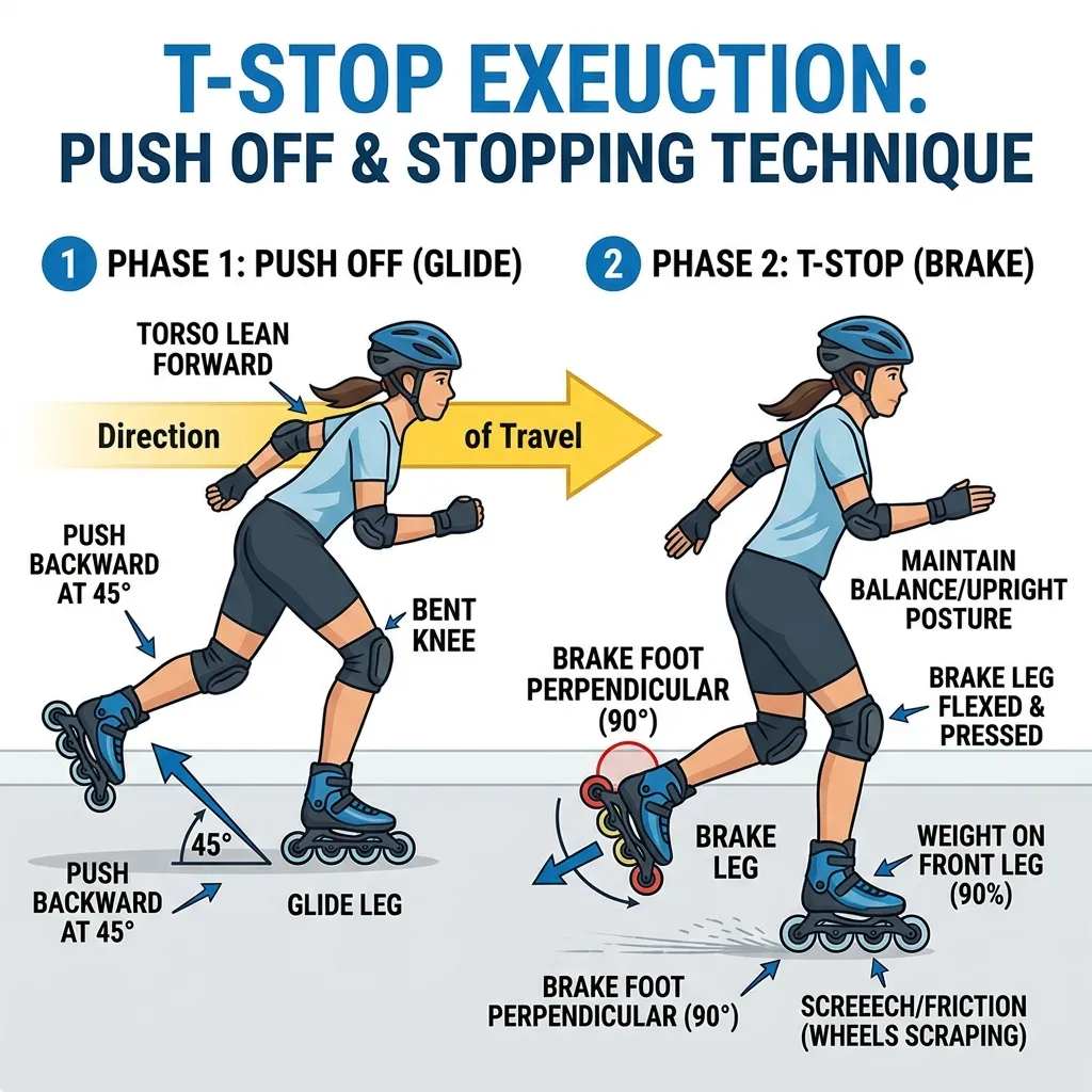 Technique diagram demonstrating how to push off and how to perform a T-stop while inline skating