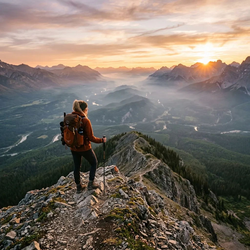 Lone hiker viewing a panoramic view from a mountain trail at dawn.