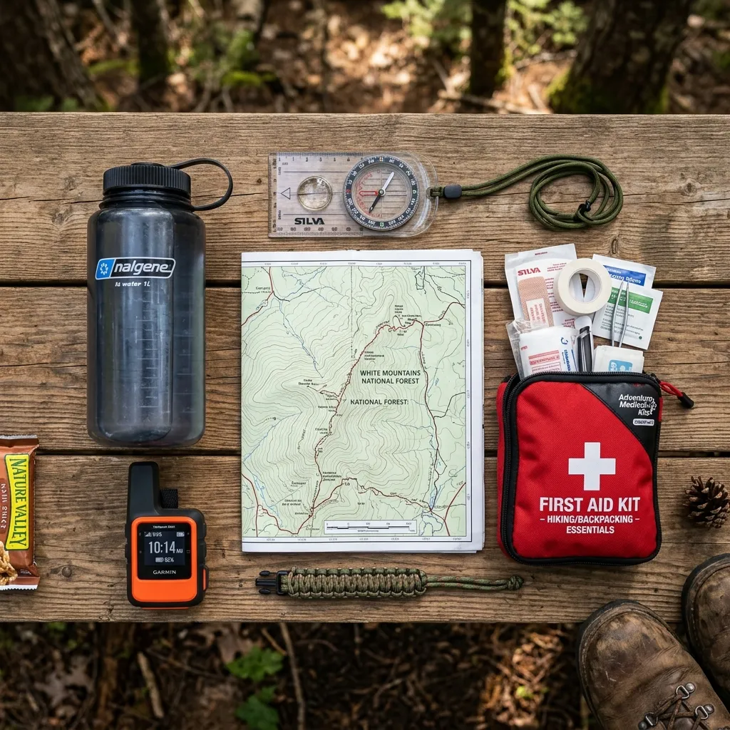 Flat lay layout showing essential hiking gear: topographic map, compass, first aid kit, water bottle, and a GPS satellite messenger