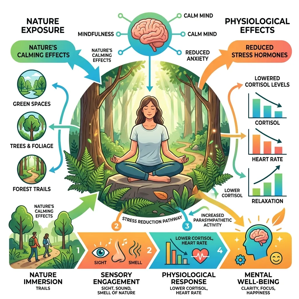 Infographic showing the connection between nature exposure and reduced stress hormones like cortisol