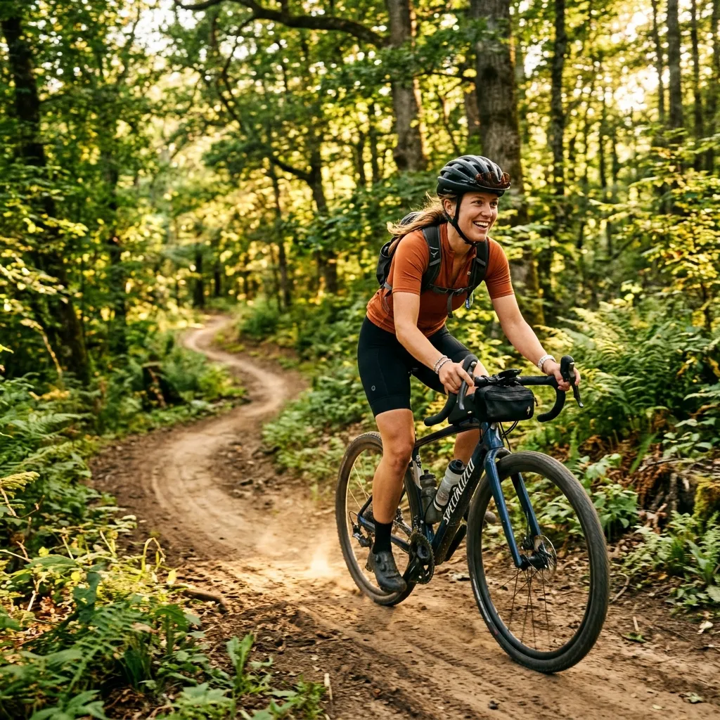 Person cycling on a scenic forest trail at sunset.